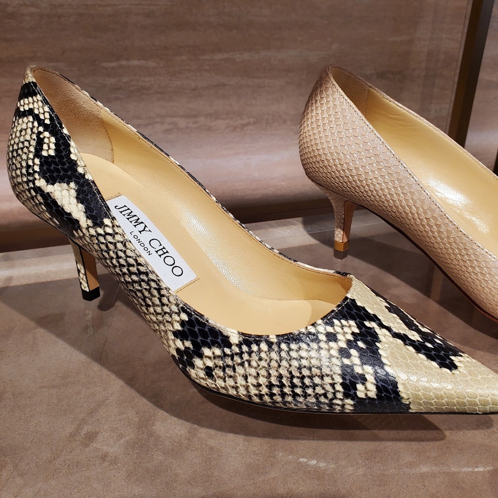 Jimmy Choo Beige/Black Python Embossed Leather Romy Pumps - Picture 9 of 13